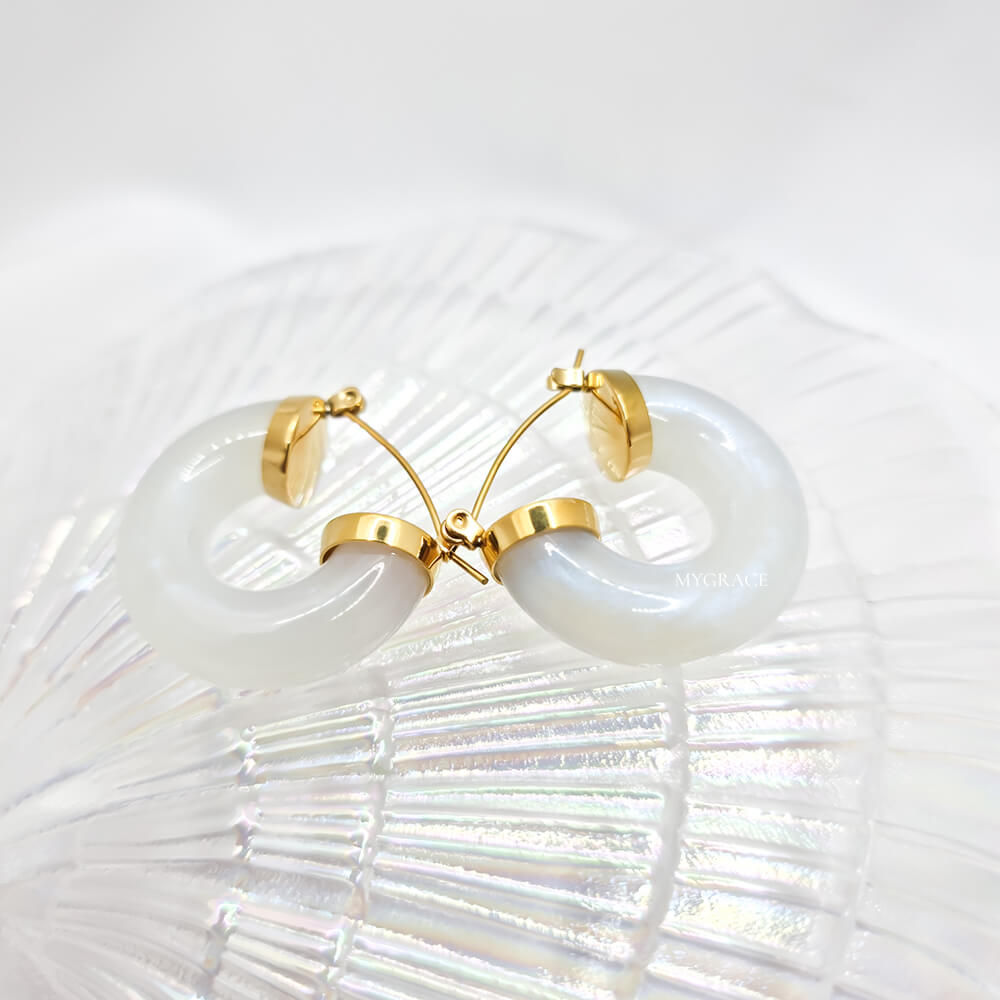 18K Gold-Plated Stainless Steel White Marbled Hoop Earrings "Be Delicious", MYGRACE