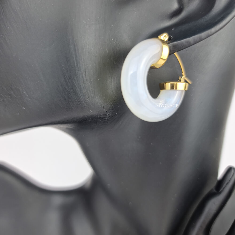 18K Gold-Plated Stainless Steel White Marbled Hoop Earrings "Be Delicious", MYGRACE