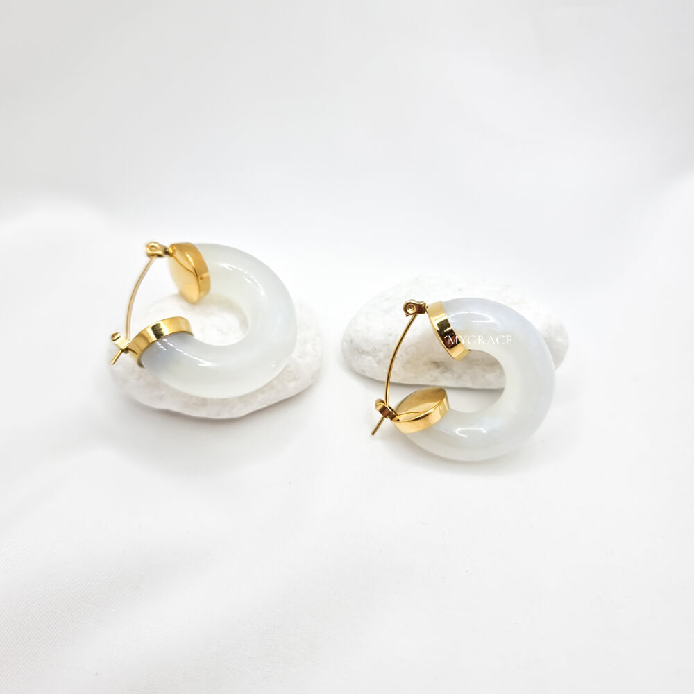 18K Gold-Plated Stainless Steel White Marbled Hoop Earrings "Be Delicious", MYGRACE
