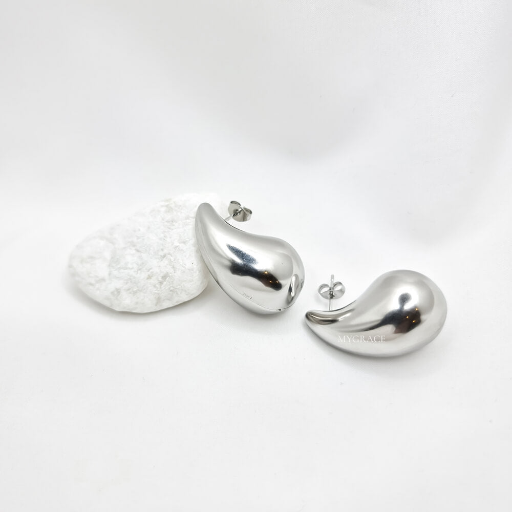 Silver-Tone Stainless Steel Chunky Teardrop Stud Earrings "Be Stylish", MYGRACE