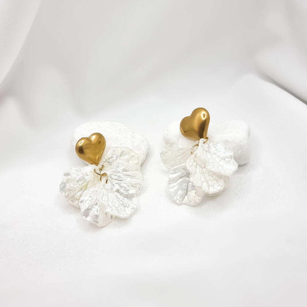 18K Gold-Plated Stainless Steel Floral Drop Earrings "Be Melodious", Mother-of-Pearl Hearts, MYGRACE