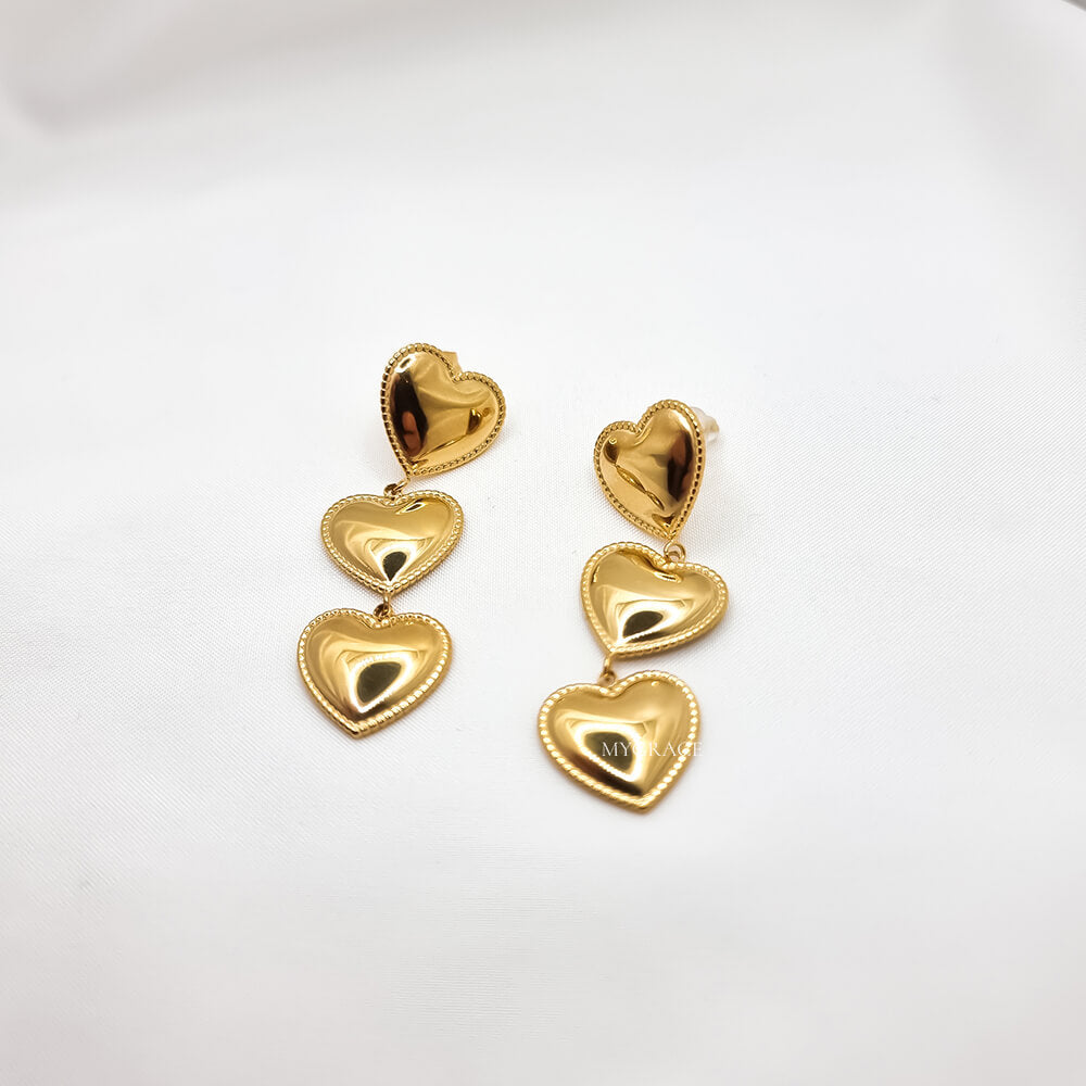 18K Gold-Plated Stainless Steel Triple Heart Drop Earrings "Be Adorable", MYGRACE