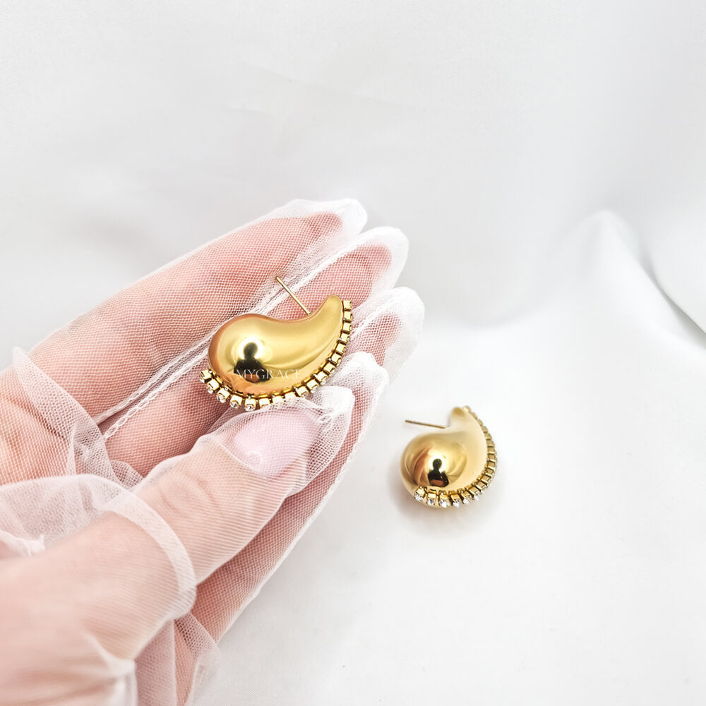 18K Gold-Plated Stud Earrings Stainless Steel Chunky Teardrop, "Be Stylish", Cubic Zirconia, MYGRACE