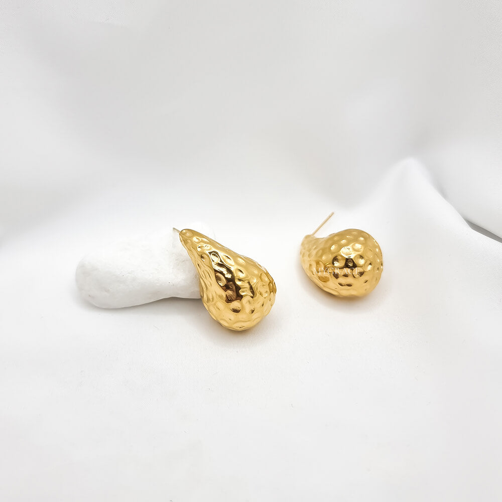 18K Gold-Plated Stainless Steel Chunky Textured Teardrop Stud Earrings "Be Stylish", MYGRACE