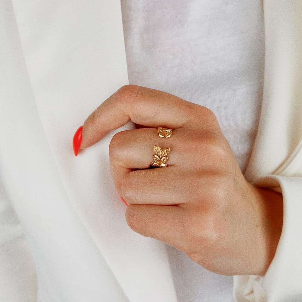 18K Gold-Plated Stainless Steel Leaf Ring, Adjustable, MYGRACE