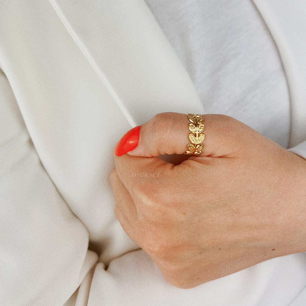 18K Gold-Plated Stainless Steel Leaf Ring, Adjustable, MYGRACE