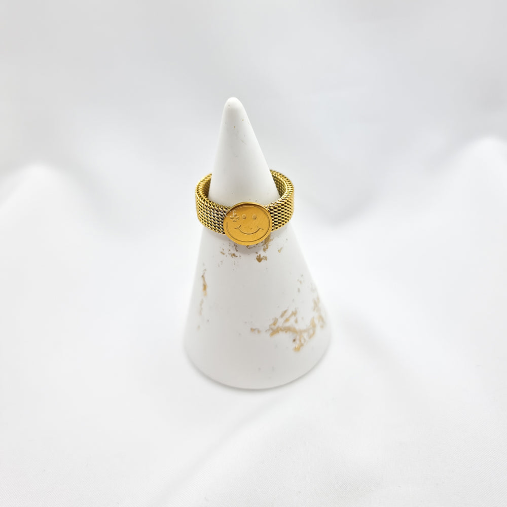 Edelstahlring „Always happy“, goldfarben, mit einem festen Smiley-Gesicht verziert