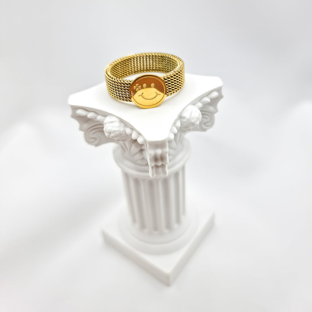 Edelstahlring „Always happy“, goldfarben, mit einem festen Smiley-Gesicht verziert