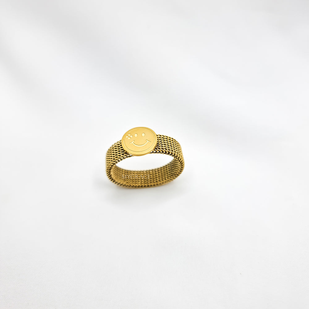 18K Gold-Plated Stainless Steel Smiley Face Ring, MYGRACE