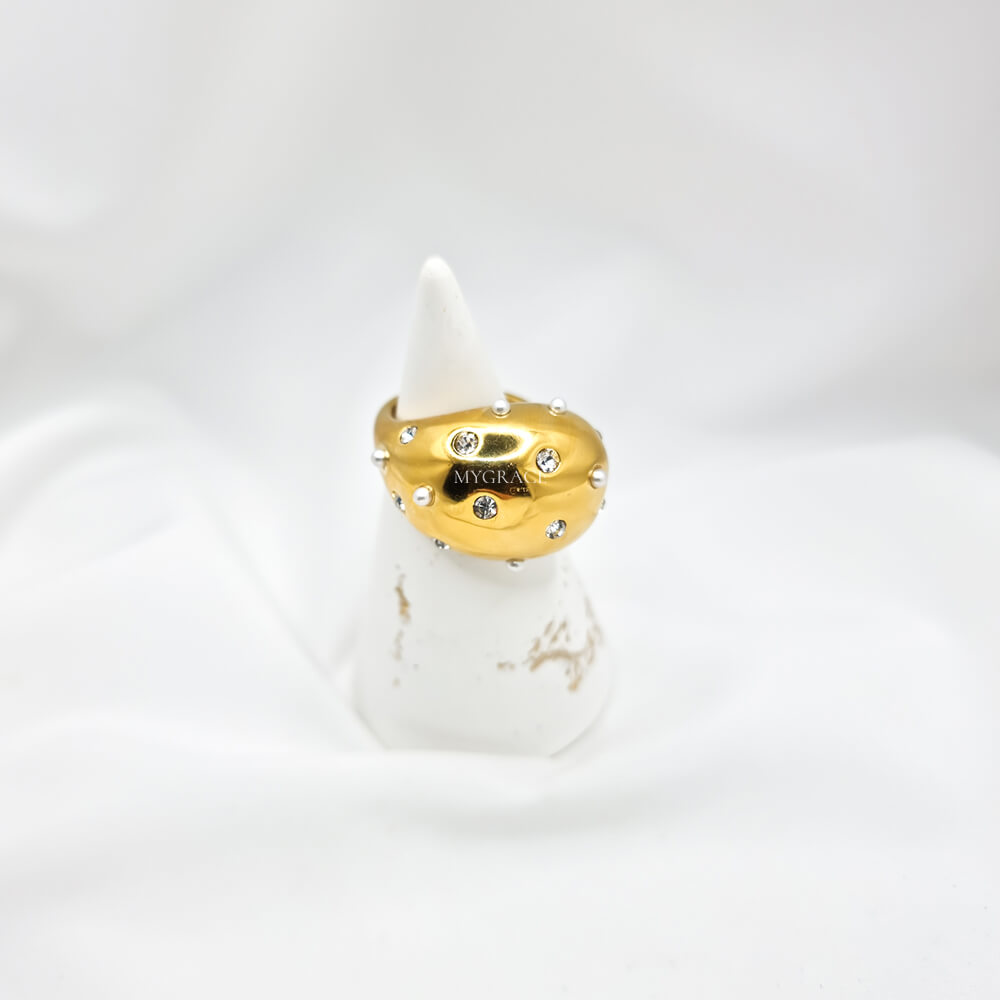 Stainless steel ring "Be stylish", teardrop design, stainless steel, 18K gold-plated and decorated with cubic zirconia and small pearls