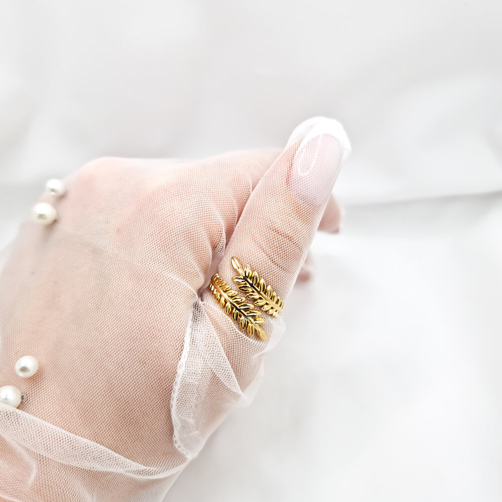 18K Gold-Plated Stainless Steel Leaf Ring, Adjustable, MYGRACE