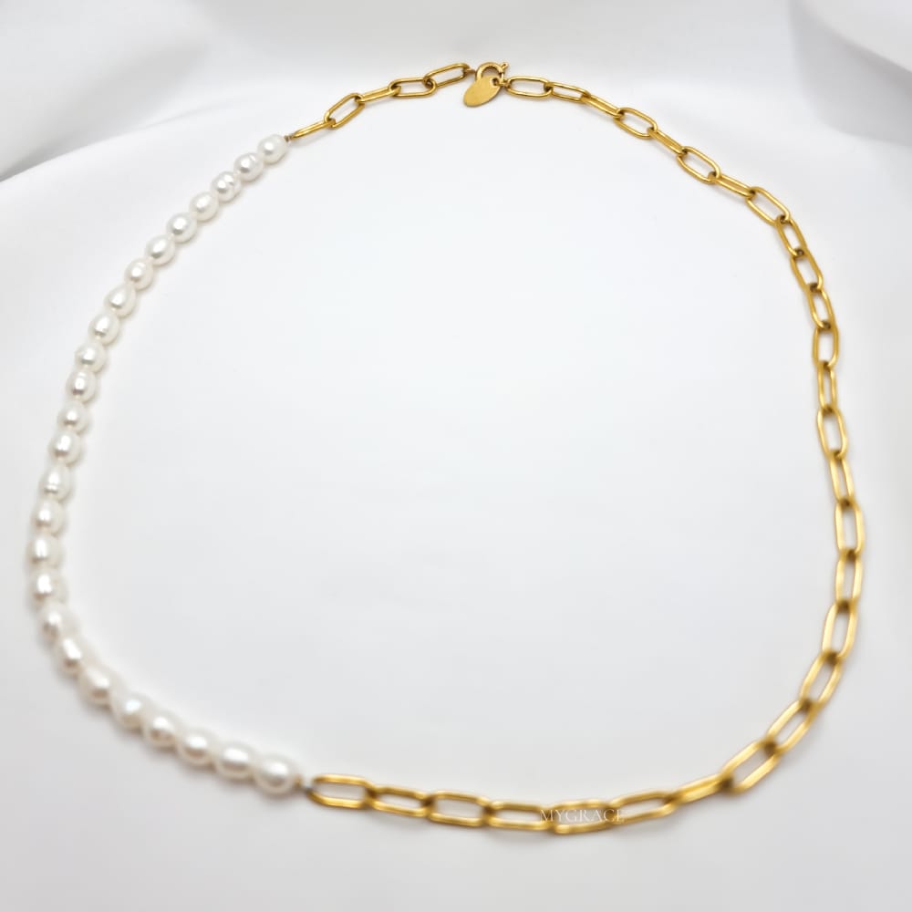 18K Gold-Plated Stainless Steel Necklace "Be Exquisite", Chain & Pearl Design, MYGRACE