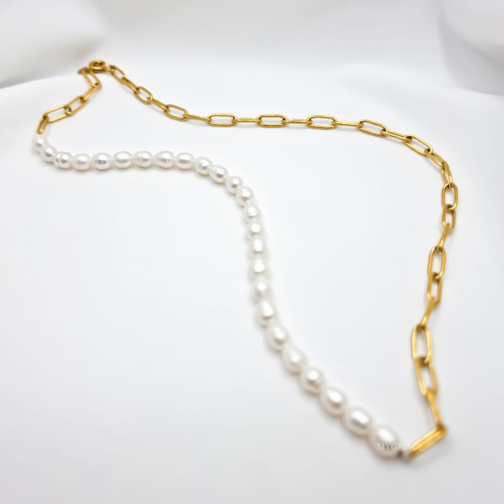 18K Gold-Plated Stainless Steel Necklace "Be Exquisite", Chain & Pearl Design, MYGRACE