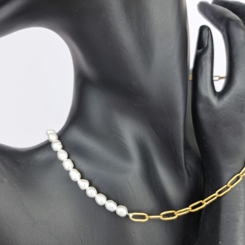 18K Gold-Plated Stainless Steel Necklace "Be Exquisite", Chain & Pearl Design, MYGRACE