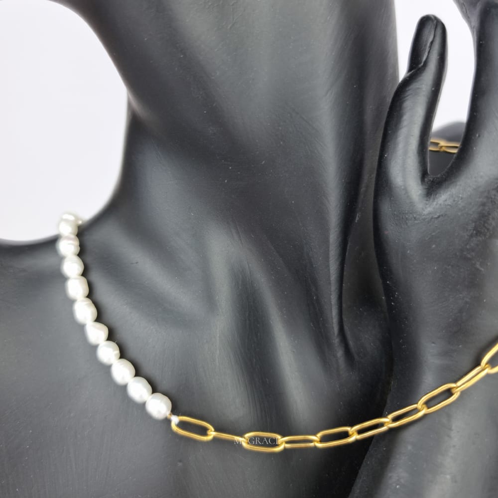 18K Gold-Plated Stainless Steel Necklace "Be Exquisite", Chain & Pearl Design, MYGRACE