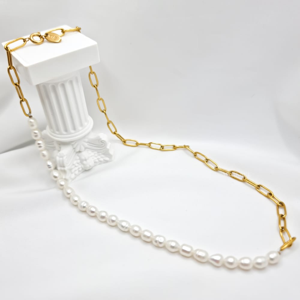18K Gold-Plated Stainless Steel Necklace "Be Exquisite", Chain & Pearl Design, MYGRACE