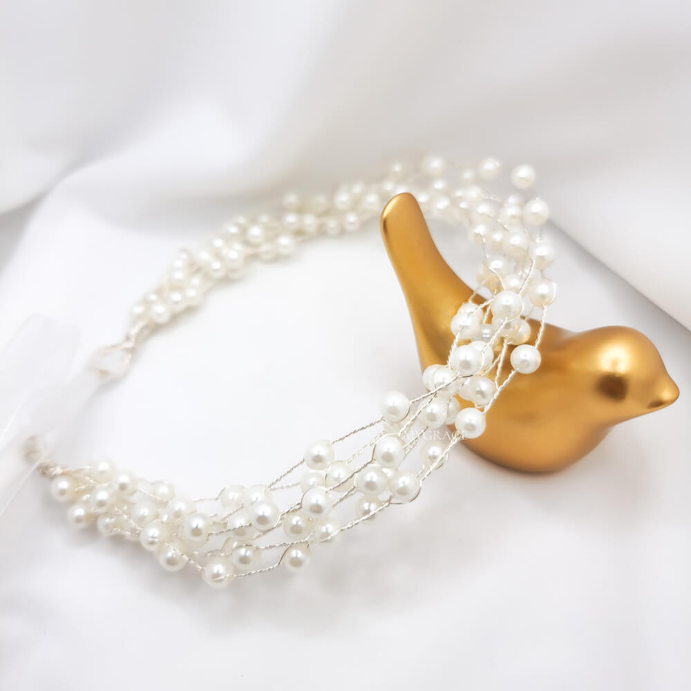 Haarschmuck Braut „Be fascinating“, weiß, 8 Reihen, verziert mit Perlen, flexibles Kranz-/Diademmodell (modellierbar)