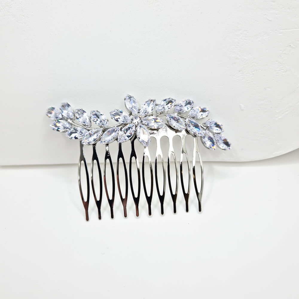 Bridal Hair Comb "Be Exquisite", Silver-Tone, Floral Design with Cubic Zirconia