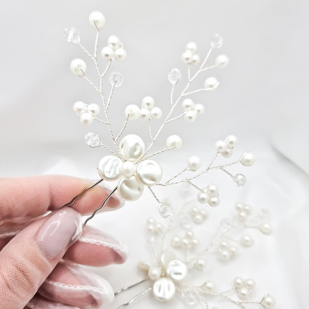 Bridal Hair Pins "Be Gentle", White & Silver-Tone, Floral Design with Pearls & Crystals (Set of 2)