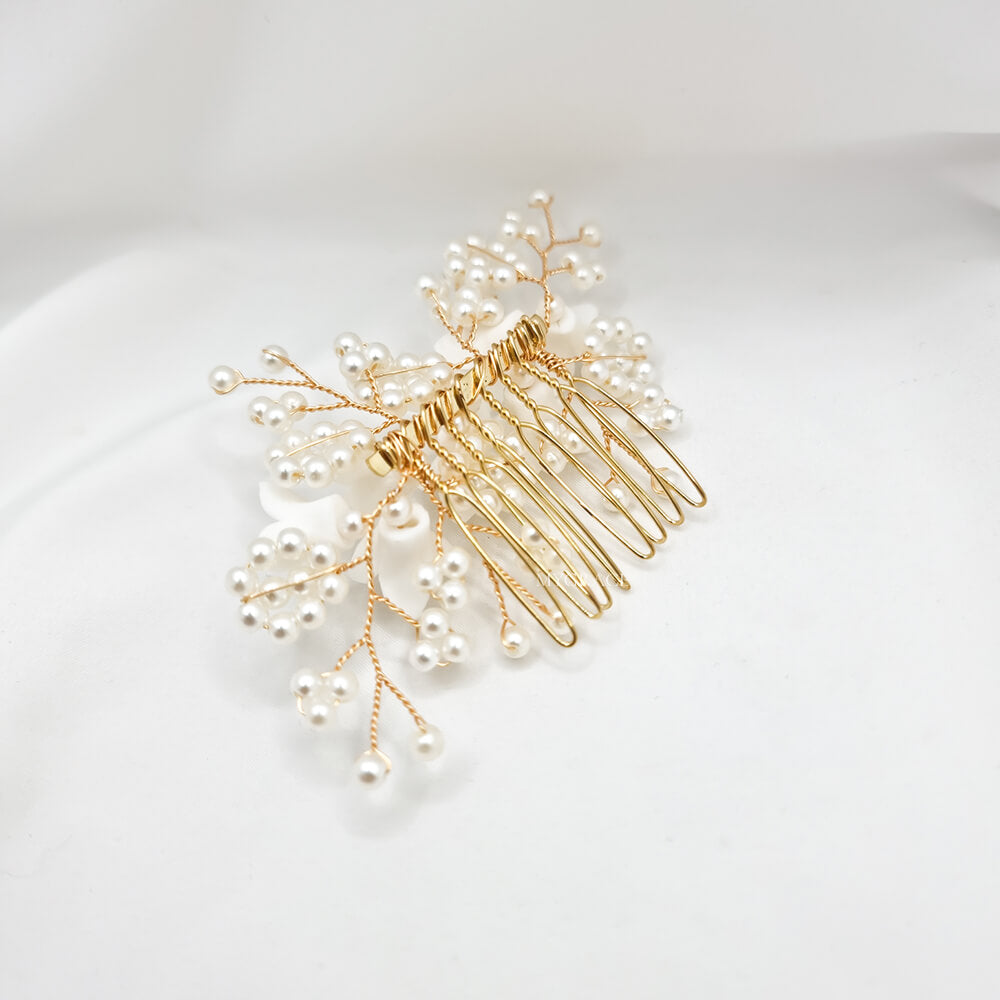 Brauthaarschmuck „Be natural“, Elfenbein/Gold, Kamm, verziert mit Perlen und Steinen, Blumenmuster