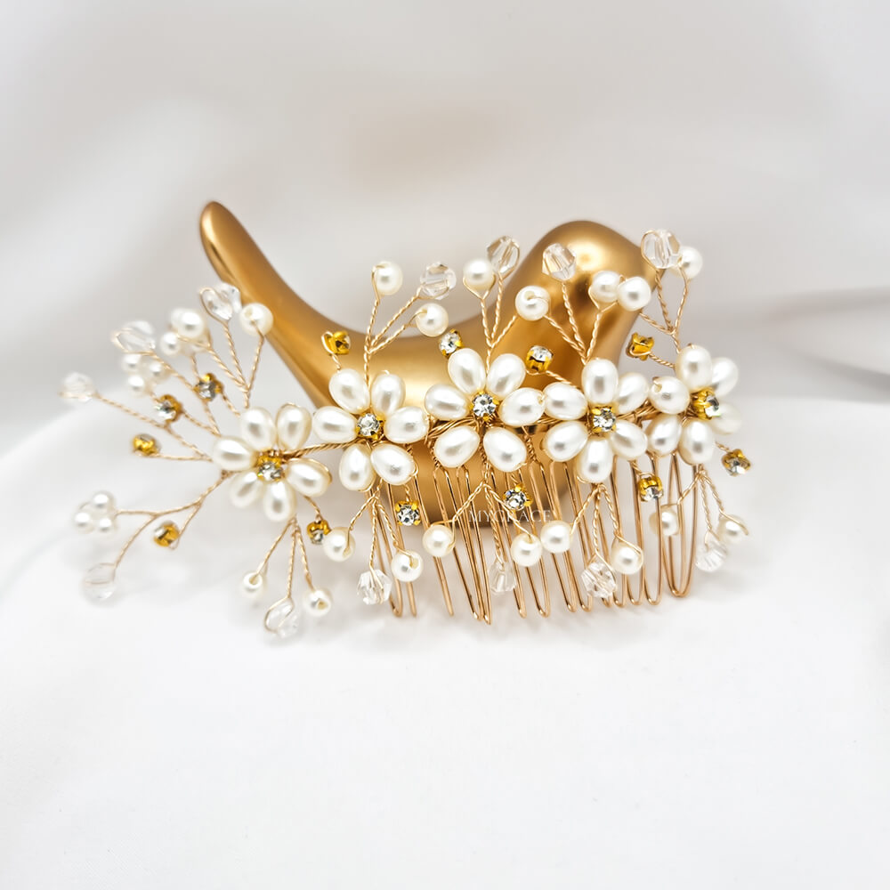 Brauthaarschmuck „Be natural“, Elfenbein/Gold, Kamm, verziert mit Perlen und Steinen, Blumenmuster