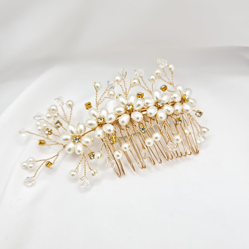 Bridal Hair Comb "Be Natural", Ivory & Gold-Tone, Floral Design with Pearls & Crystals