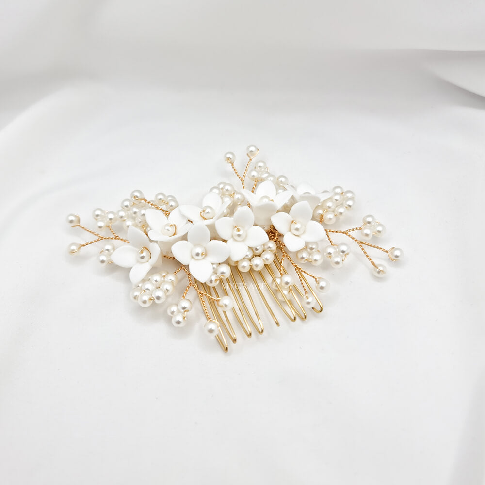 Bridal Hair Comb "Be Suave", Ivory & Gold-Tone, Polymer Clay Flowers & Pearls