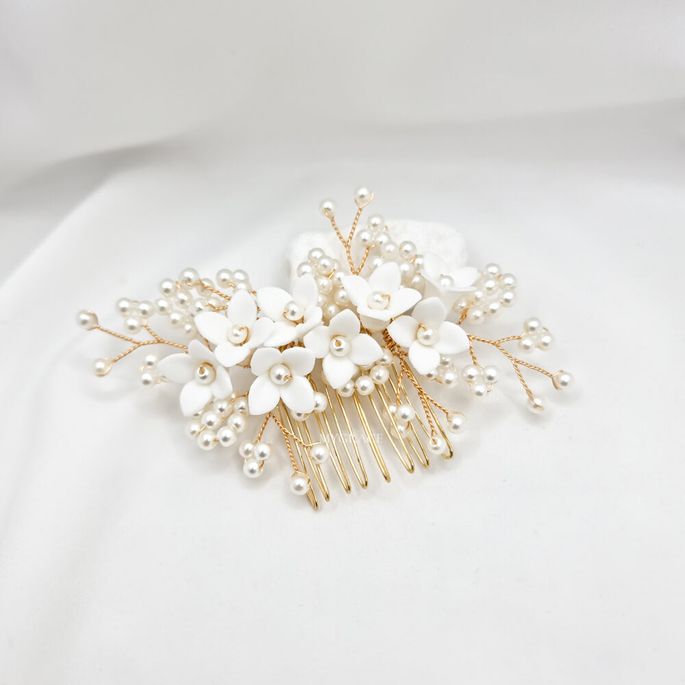 Bridal Hair Comb "Be Suave", Ivory & Gold-Tone, Polymer Clay Flowers & Pearls