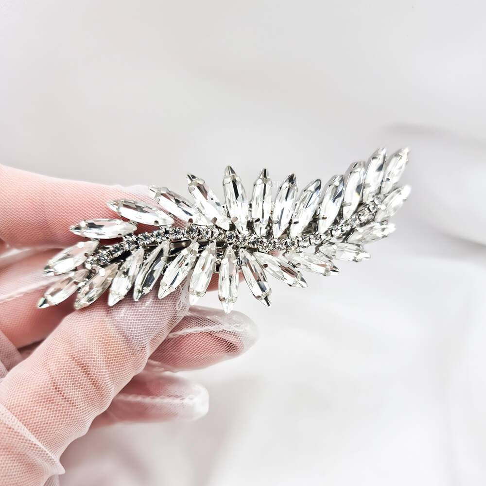 Bridal French Barrette, Silver-Tone, Leaf Design with Pear-Shaped Crystals