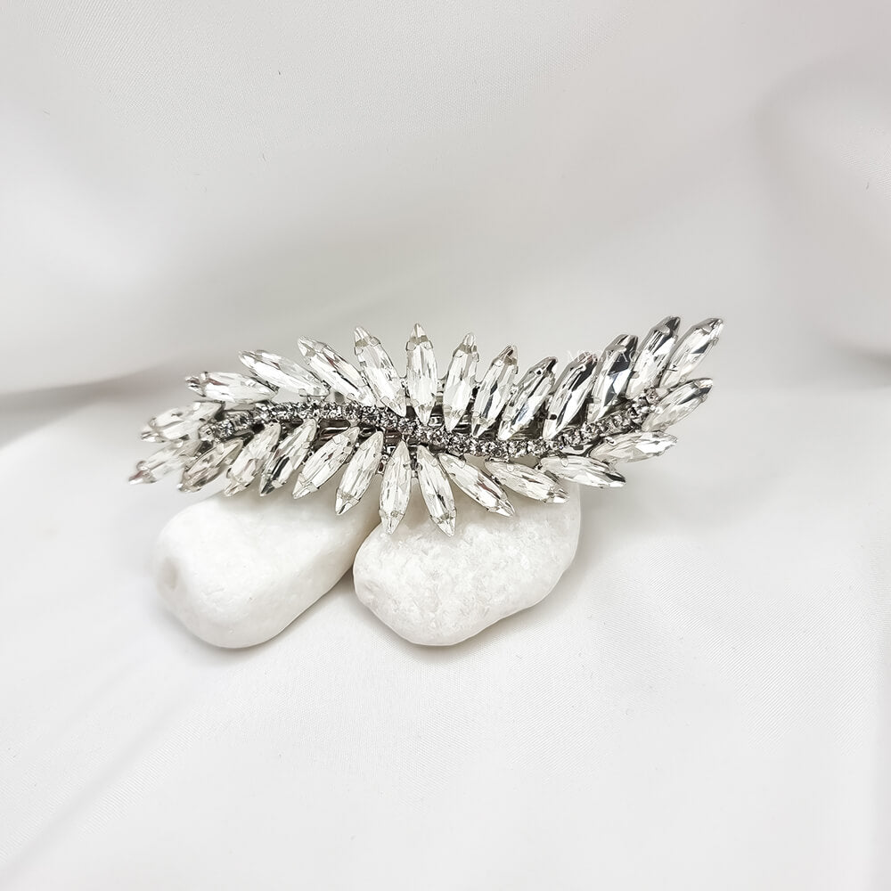 Metallische Haarspange, silberfarben, mit Steinen verziert, Blattmuster, Braut