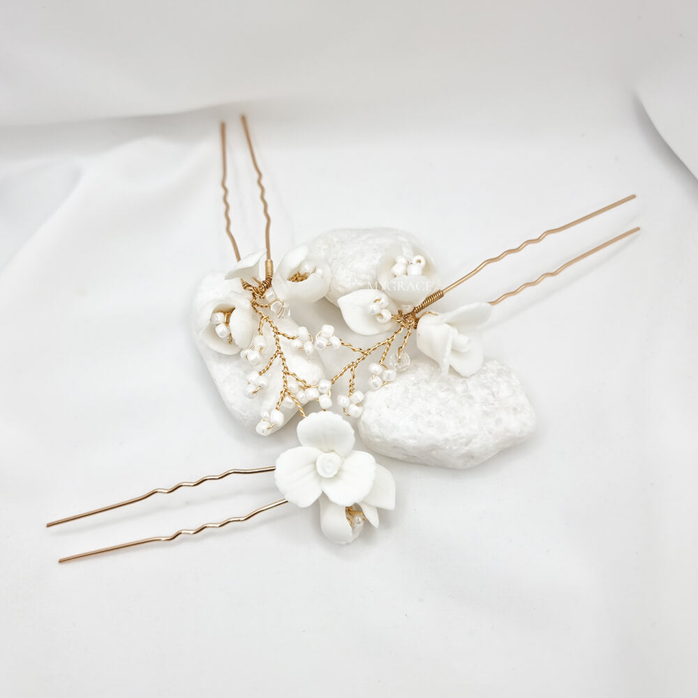Bridal Hair Pins "Be Suave", White & Gold-Tone, Polymer Clay Flowers & Pearls (Set of 3)