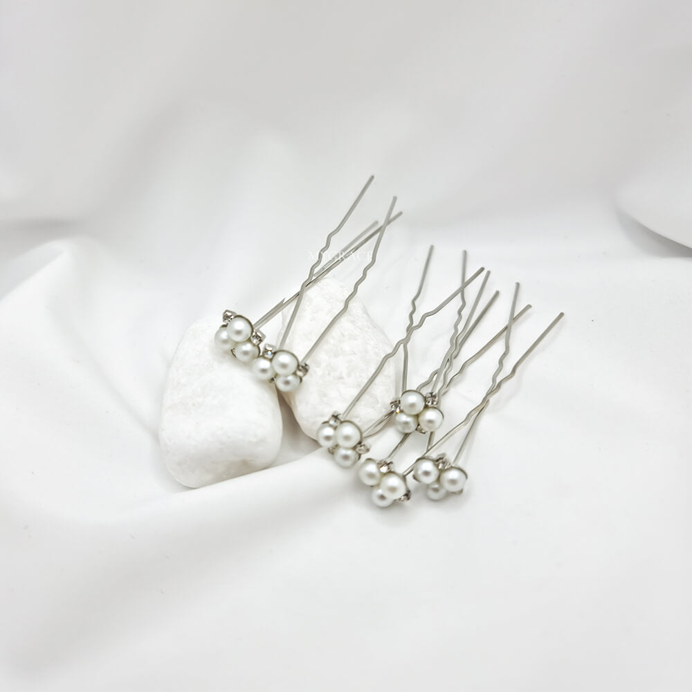 Bridal Hair Pins "Be Gentle", White & Silver-Tone, Pearl Design