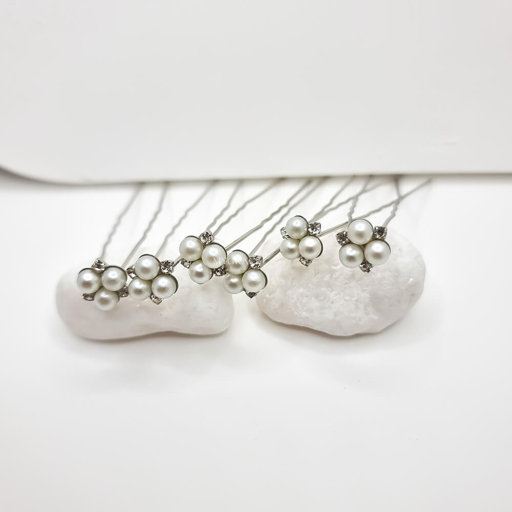 Brauthaarschmuck „Be pure“, weiß/silber, Haarnadel-Typ, mit Perlen verziert (6er-Set)