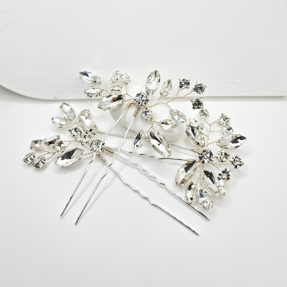 Braut-Haarschmuck „Be strong“, silberfarben, Haarnadel-Typ, mit Steinchen verziert (3er-Set)