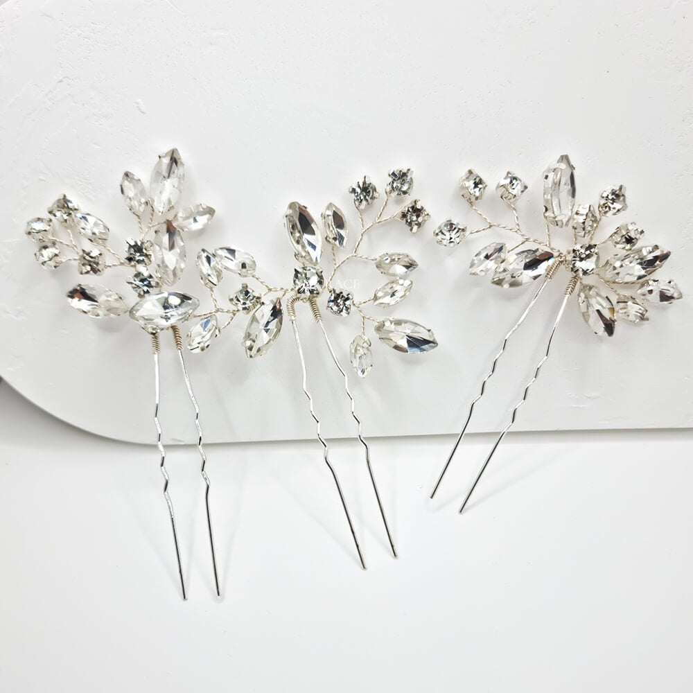 Braut-Haarschmuck „Be strong“, silberfarben, Haarnadel-Typ, mit Steinchen verziert (3er-Set)