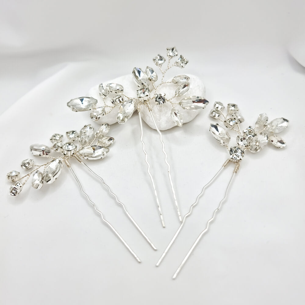 Braut-Haarschmuck „Be strong“, silberfarben, Haarnadel-Typ, mit Steinchen verziert (3er-Set)