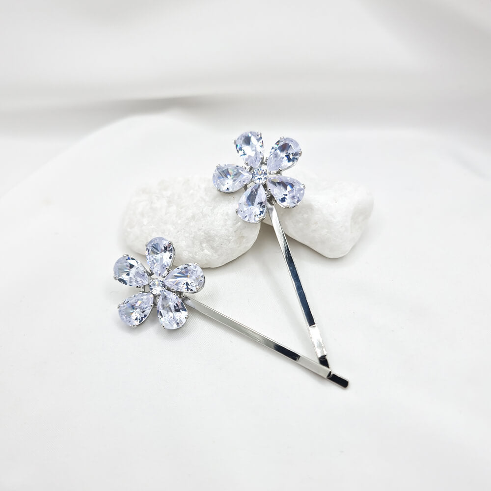 Haarnadeln Metall, silber, mit Zirkonia verziert, Blumenmuster, Braut (2er-Set)