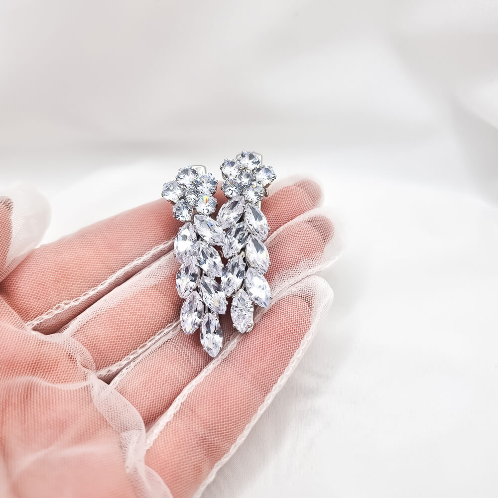 Haarnadeln Metall, silberfarben, mit Zirkonia verziert, Blätter- und Blumenmuster, Braut (2er-Set)