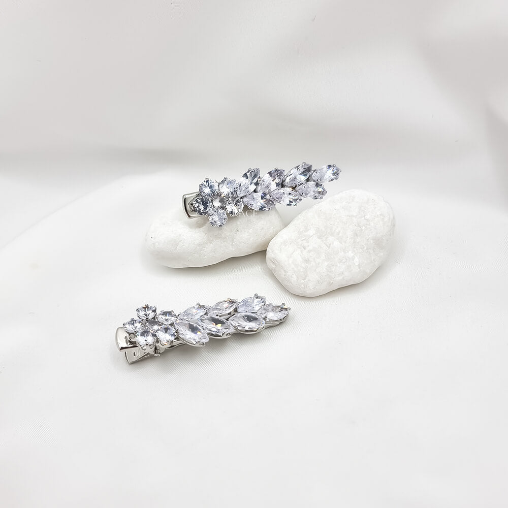 Haarnadeln Metall, silberfarben, mit Zirkonia verziert, Blätter- und Blumenmuster, Braut (2er-Set)