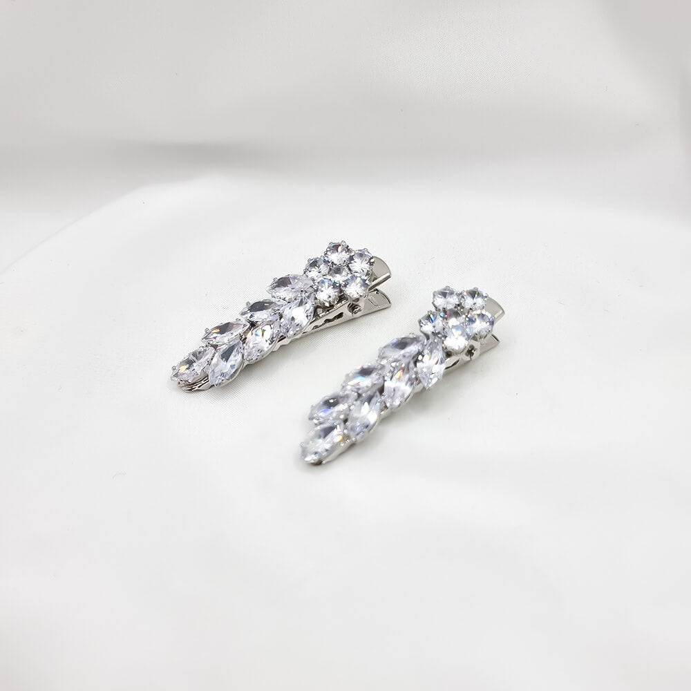 Haarnadeln Metall, silberfarben, mit Zirkonia verziert, Blätter- und Blumenmuster, Braut (2er-Set)