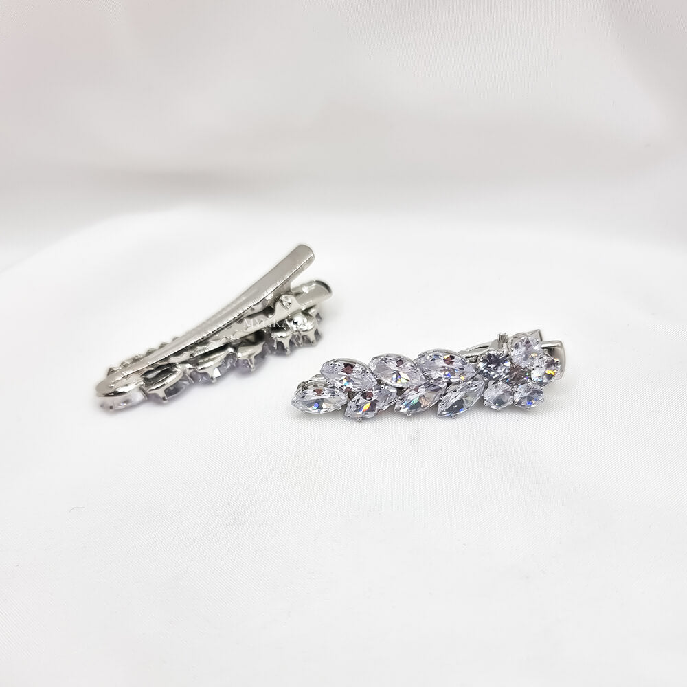 Haarnadeln Metall, silberfarben, mit Zirkonia verziert, Blätter- und Blumenmuster, Braut (2er-Set)