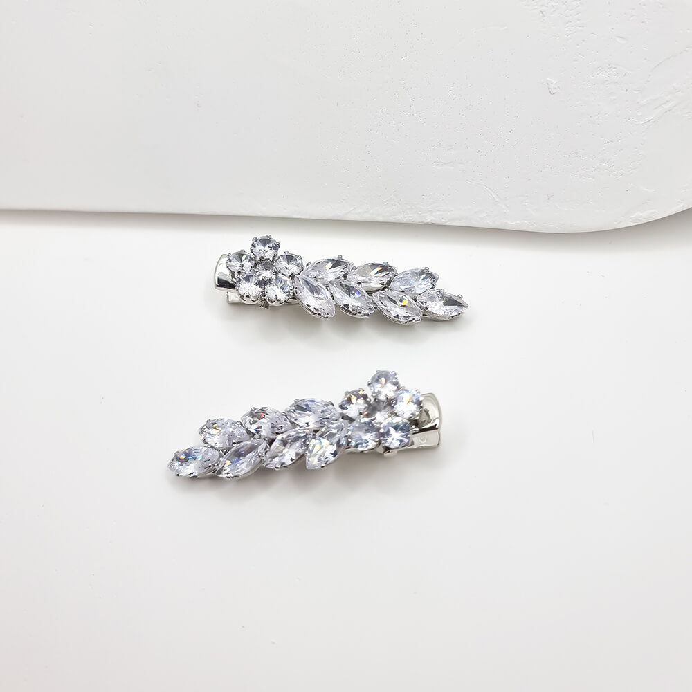 Haarnadeln Metall, silberfarben, mit Zirkonia verziert, Blätter- und Blumenmuster, Braut (2er-Set)