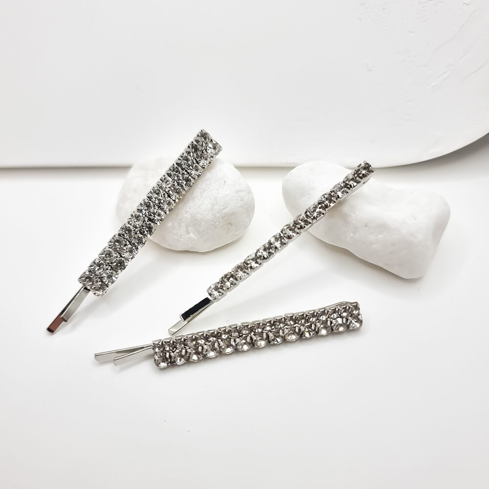 Haarnadeln, Metall, silberfarben, mit Steinchen verziert, geometrisch, Braut (3er-Set)