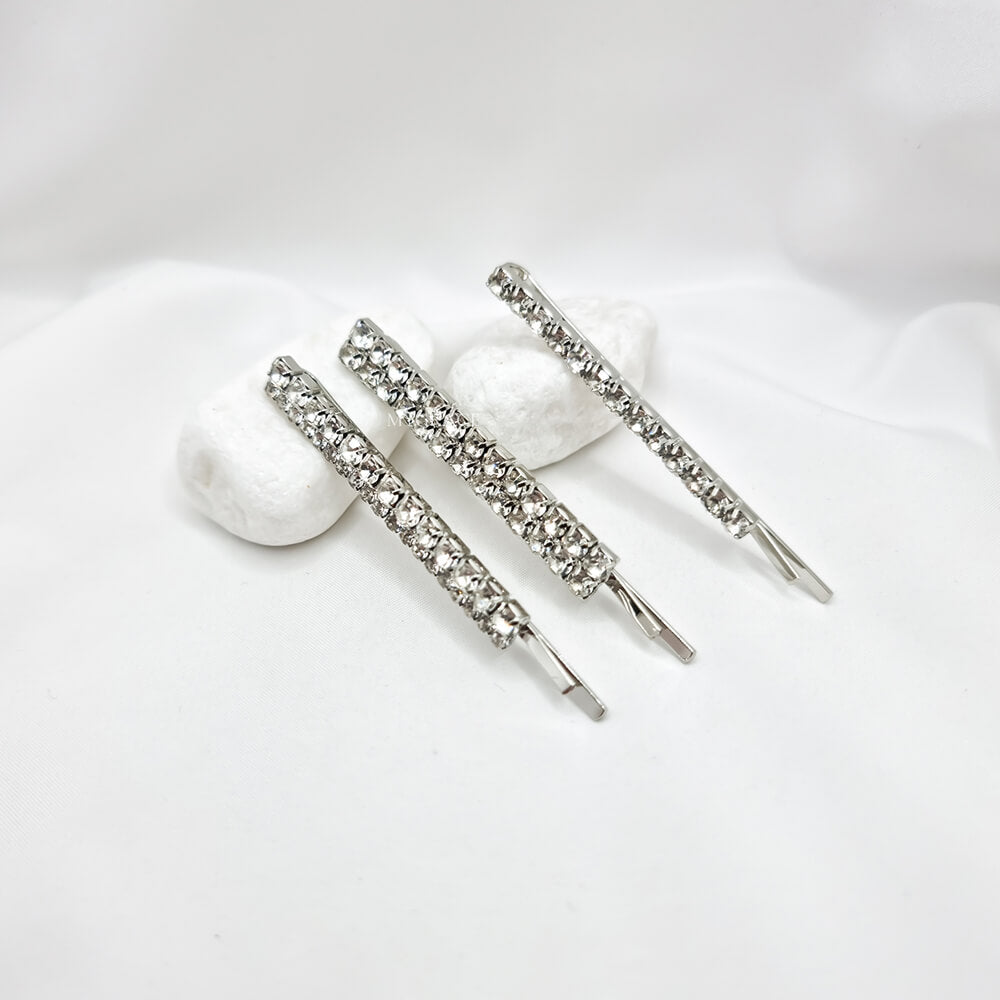 Haarnadeln, Metall, silberfarben, mit Steinchen verziert, geometrisch, Braut (3er-Set)