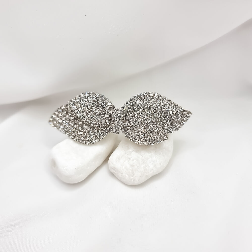 Bridal French Barrette, Silver-Tone, Bow Design with Crystals