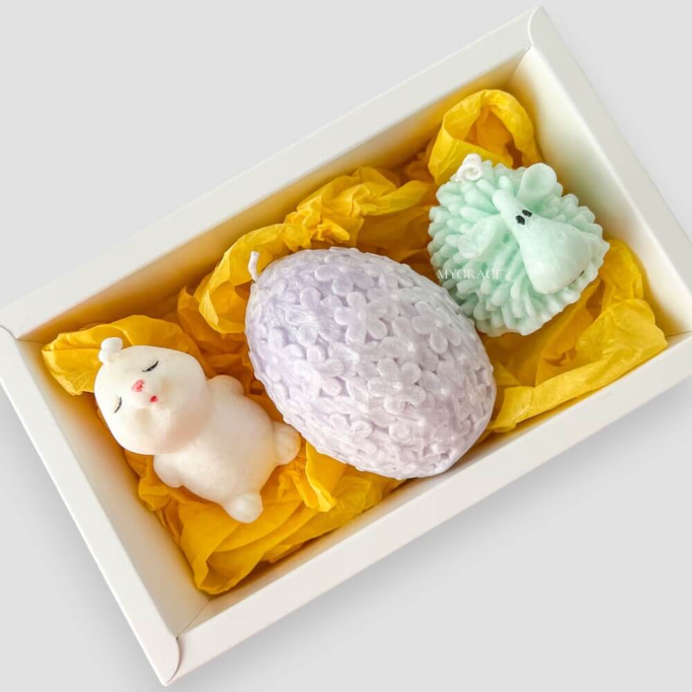 Ostergeschenkset – Set duftender Kerzen, Palmwachs – 1 Häschen mit Zuckerwatteduft, 1 Schäfchen mit Karamellgeschmack und 1 Osterei