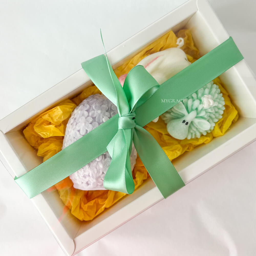 Ostergeschenkset – Set duftender Kerzen, Palmwachs – 1 Häschen mit Zuckerwatteduft, 1 Schäfchen mit Karamellgeschmack und 1 Osterei
