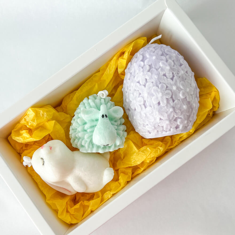 Ostergeschenkset – Set duftender Kerzen, Palmwachs – 1 Häschen mit Zuckerwatteduft, 1 Schäfchen mit Karamellgeschmack und 1 Osterei