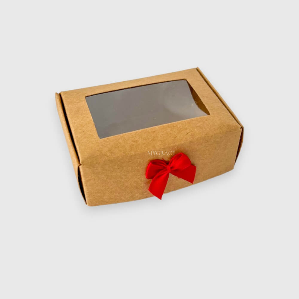 Geschenkschachtel mit Fenster und Schleife, Kraftpapier, Karton, 8,5x6x3 cm