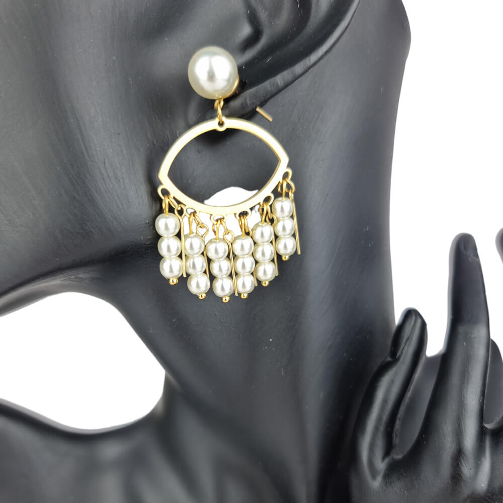 18K Gold-Plated Stainless Steel Geometric Tassel Drop Earrings "Be Faithful", Pearls, MYGRACE